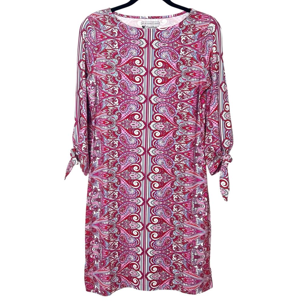 Coolibar Womens Pink 3/4 Tie Sleeve UPF 50+ Paisley Shift Dress Red Pink Sz XS